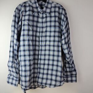 Burberry London Button Front Shirt Mens Large Blue Plaid Cotton Made in USA‎